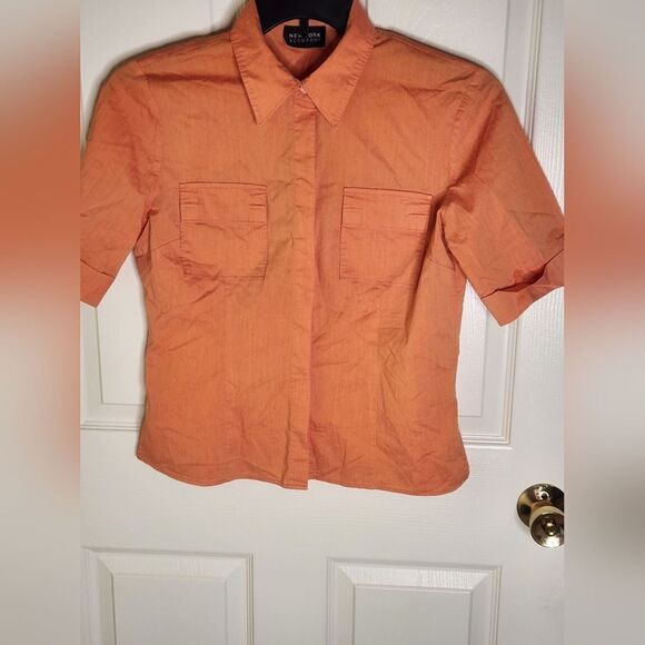 New York & Company M Orange Cotton Blend Shrtslvs Pockets Buttons Up Women Shirt - Picture 1 of 10